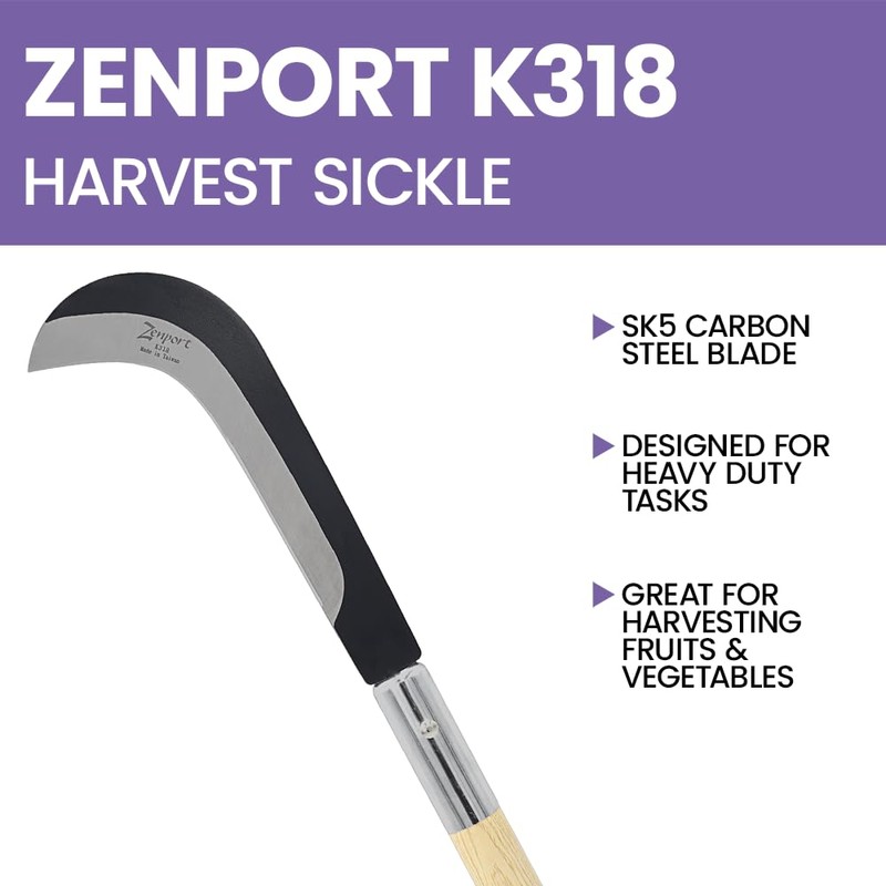 Zenport K318 Sickle, 30.5-inch (77.5cm) Length, Long Wood Handle, Curved
