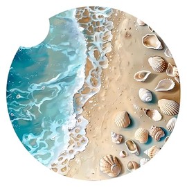 Beach Ocean Waves Car Coasters; set of 2 Absorbent Car Coasters, Cute Car Accessories for Women, 2 Pack Car Cup Holder Coaster, Cute Car Coasters, Floral Car Coaster, Coaster with Finger Notch