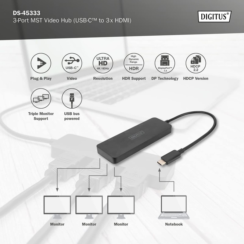 DIGITUS 3-Port MST Video Hub USB-C and 3x HDMI