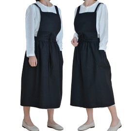 VLZUFE Women Cotton Linen Cross Back Apron with Pockets for Gardening Works Pinafore Dress Black