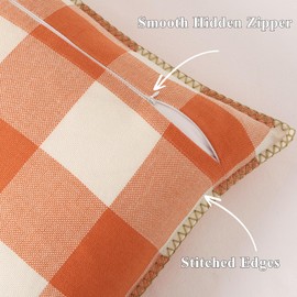 decorUhome Farmhouse Gingham Buffalo Plaid Check Throw Pillow Covers 16x16 Set of 2, Outdoor Fall Linen Decorative Pillow Covers with Stitched Edge for Bed Couch Sofa, Orange and White
