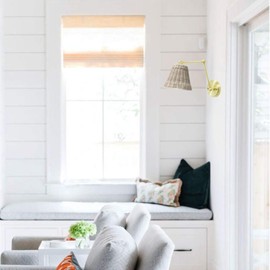 Laite Lumens 7" Swing Arm Wall Lamp, Hand Woven Rattan Wall Sconce, Dimmable Wall Mounted Light Fixture for Bedroom Living Room Bedside (Brushed Gold)