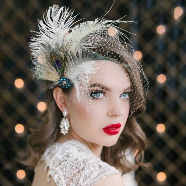 IYOU Feather Gatsby Headpiece with Veil Green Flapper Hair Clips Prom Costume Wedding 1920 Hair Accessories for Women