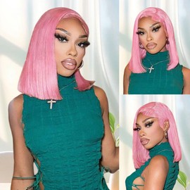 Ucuvic Hot Pink Bob Wig Human Hair 13x4 Straight Frontal Bob Wig Short Wigs For Black Women Hd Transparent Pink Bob Lace Front Wigs Human Hair Pre Plucked Bob With Natural Hairline 180% Density 14inch