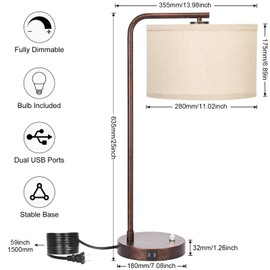 Vintage Table Lamp, Fully Dimmable Table Lamp with Dual USB Charging Ports, Farmhouse Bedside Lamp Nightstand Light, Tall Reading Desk Lamp for Living Room, Bedroom, Office, 9W LED Bulb Included
