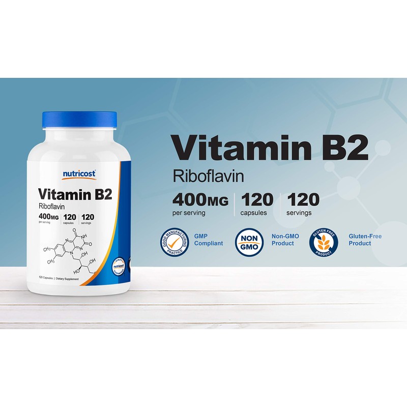 Nutricost Vitamin B2 (Riboflavin) 400mg, 120 Capsules (2 Bottles)