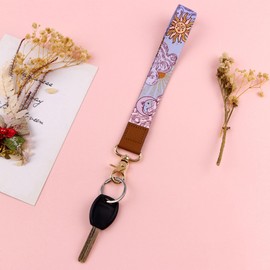 BKBKAAK Purple Sun Leather Wrist Keychain – Cute Wristlet Lanyard Key Chain, Key Lanyard with Metal Clasp for Keys & Badge Holder, Occult Aesthetic Accessories for Women, Girls, Kids