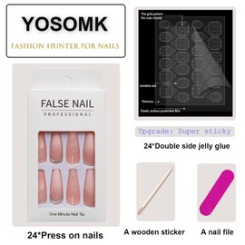 YOSOMK 24PCS Long False Fake Nails Coffin Press on Nails with Designs Full Cover Acrylic Nails Glue On Nail Diamonds Stick on Nails for Women Girls（Pink Diamonds 2）
