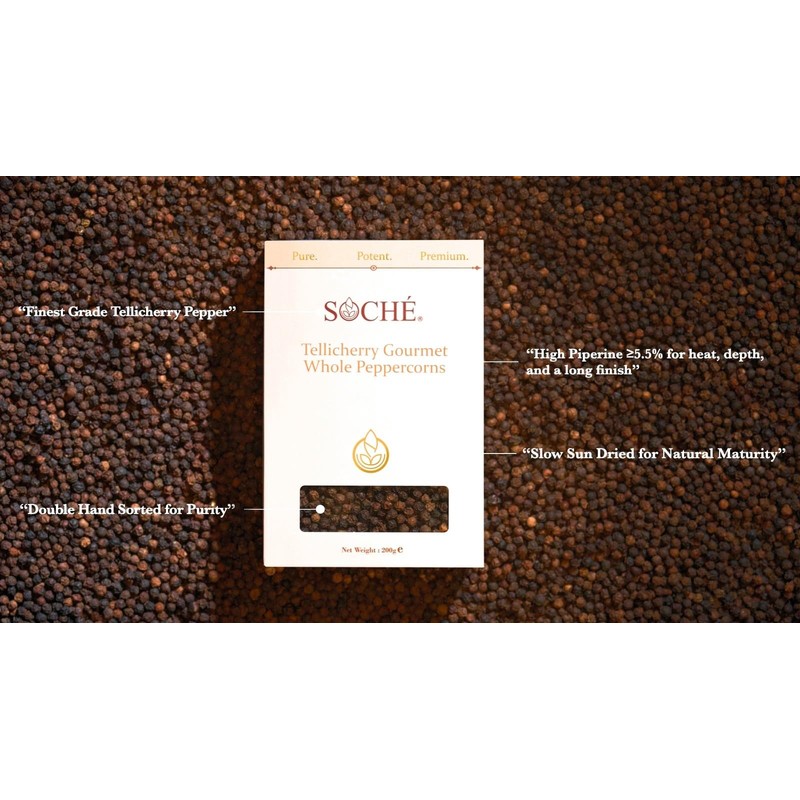Soché Tellicherry Black Peppercorns 200 g, Hand Selected Whole Pepper