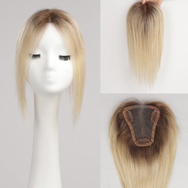 HAIRCUBE Ombre Light Blonde Hair Toppers for Women Remy Human Hair Pieces for Women with Thin Hair Loss Cover Brown Hair, 3.5 x 4 in Hand Tied with Swiss Lace Base 12 Inches