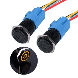 JIQI 2 x 16 mm Momentary Waterproof Pressure Switch 12 V to 24 V 3 A On/Off Button Switch with LED Lighting Black Metal Housing Pre-Wired Momentary Push Button for Car DIY Car Motorcycle (Yellow)