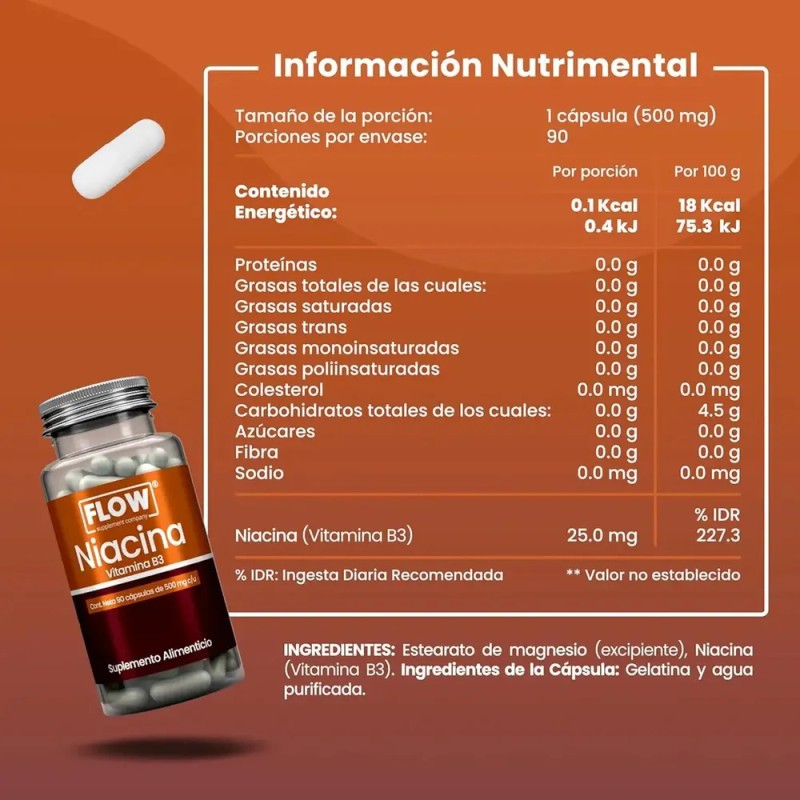 Niacina Vitamina B3 90 Cápsulas De 500 Mg Flow