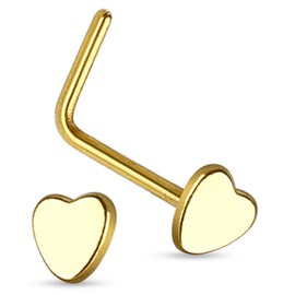 PiercedOff Gold Tone IP over 316L Surgical Steel L Bend Nose Stud with Heart Head - Thickness 20GA (0.8mm) / Length 6mm / Heart Size 3mm