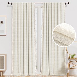 H.VERSAILTEX Boho Curtains Living Room Linen Jacquard Curtains Linen Curtains 84 inches Long 2 Panels Back Tab Loop Rod Pocket Light Filtering Curtains Set, Cream (Border with Trimmings)