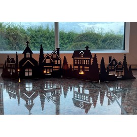 LB H&F Houses Christmas House Row Silhouette Stand, Decorative Figure, Autumn, Winter, Metal, Rusty Brown, House Advent, 60 cm (Row of House)