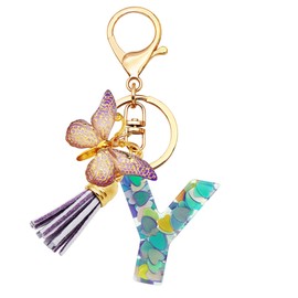 TTYY Initial Letter Keychains for Girls Women Pink Purple Green Cute Butterfly Heart Keychain for Backpack School Bag (purple heart Letter Y)