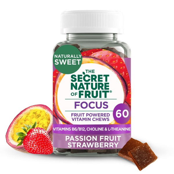 The Secret Nature of Fruit Focus Chews, Real Fruit Powered Vitamin Chews with Vitamins B6 & B12, Choline, L-Theanine, Passion Fruit & Strawberry for Mental Clarity, Gummy (60 Count)