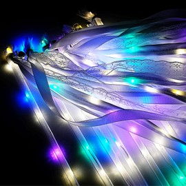 AUGFRYZIAN 100 Pieces Light up Wedding Wands with Ribbons & Bells –LED Silk Wedding Fairy Wands Streamers with Warm White & Colorful Lights for Wedding Send Off Ideas, Parties, and Celebrations