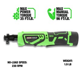 OEMTOOLS 24685 12V MAX Li-ion Power Ratchet, 3/8” Cordless Electric Ratchet Wrench, 35 Lbs. Torque, Electroplated, Lightweight And Ergonomic With Built-in LED Worklight