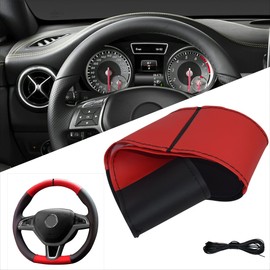 Xkeribom Steering Wheel Cover for Lacing Leather 37-38 cm 12 o'clock Marking Red Black