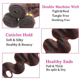 Luxvogue 16 18 20 inch Burgundy P1B/99J Body Wave Human Hair Bundles Wine Red Unprocessed Wave Bundles for Black Women Soft Sewn In with Double Weft