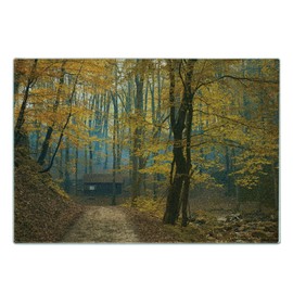 Lunarable Fall Tree Cutting Board, Autumn Fall Trees with Faded Shedding Leaves and Cabin Lodge Cottage Life Theme, Decorative Tempered Glass Cutting and Serving Board, Small Size, Brown Yellow