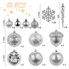 62Pcs Silver Christmas Balls Ornament Set, 3.15''/80mm Assorted Large Shatterproof Christmas Baubles, Xmas Hanging Ball Ornaments for Christmas Tree/Holiday/Party