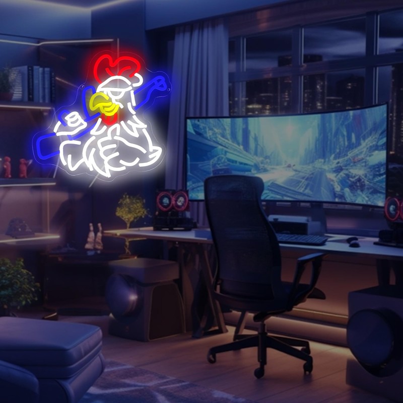 Chicken Shooting Neon Sign for Game Room, Rifle Led Sign