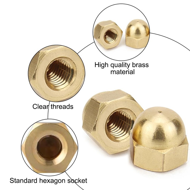 Pack of 10 M8 Hex Cap Nuts, Brass, Brass Cap