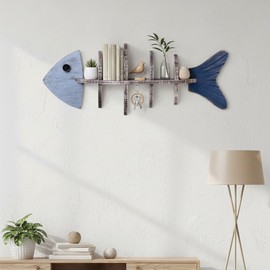Nautical Fish Bone Wall Shelf, Wooden Coastal Wall Decor with 8 Storage Compartments, Ocean Theme Fish Skeleton Wall Mounted Shelf for Plants, Candles, Keys, Beach House Bathroom Living Room Decor