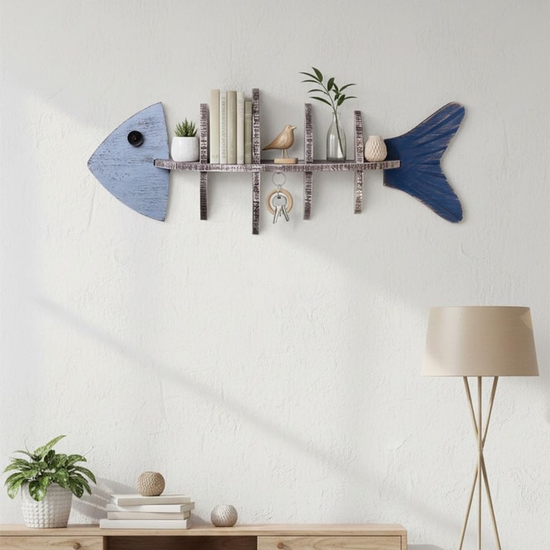 Nautical Fish Bone Wall Shelf, Wooden Coastal Wall Decor with