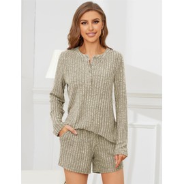 SotRong Ribbed Lounge Set Women Ladies Leisure Suits uk Tracksuit Womens Full Set Cozy Pyjamas Homewear Sets Button Down Long Sleeve Tenley Shirts Elastic Waist Shorts with Pocket Khaki L