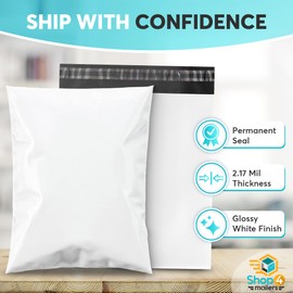 Shop4Mailers 24 x 24 Glossy White Plastic Self Seal Poly Mailer Flat Bags Waterproof Shipping Envelope 2.17 Mil for Apparel, Clothes, Shirts, Books – Permanent Adhesive Seal (50 Pack)