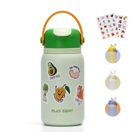 pluseight Kids Insulated Water Bottle, 15 oz Kids Water Bottle with Stickers, 18/8 Stainless Steel Leak Proof Kids Cups with Straw for School Travel Boys Girls (Green)