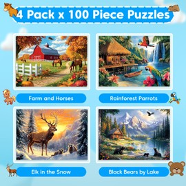 Ciavotie 4 Packs Puzzles for Kids Ages 4-6 6-8 8-10, Farm Rainforest Wild Animals Kids Puzzles, 100 Pieces Jigsaw Puzzle for Seniors Adults Kids Learning Puzzle Toys Gifts for Girls Boys 15x11 inch