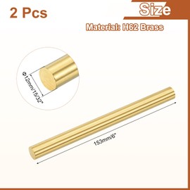 sourcing map 2 Pcs 15/32"(12mm) Dia Brass Solid Round Rod, 6"(153mm) Length H62 Brass Lathe Bar Stock Round Brass Rod for DIY Crafts Industry Construction