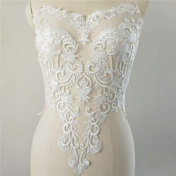 Off-White Bridal Dress Lace Applique Shimmery Sequined Embroidery Flower Patch for Bodice Lingerie