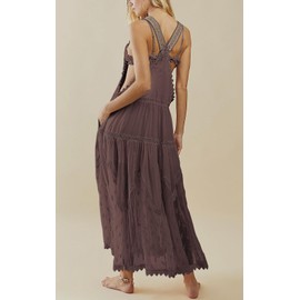 CHARTOU Women Bib Overall Dress Jumper Babydoll Pinafore Dress Embroidered Lace Maternity Straps Suspender Dress (Small, Coffee)