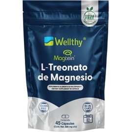 Wellthy L Treonato de Magnesio 45 Cápsulas 144mg. Hecho solamente con Magtein® el único Treonato Magnesio Real (dueños de la patente). Gluten Free, NON GMO, Bottle Free