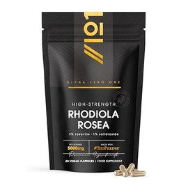 Rhodiola Rosea Extract 5000mg - 3% Rosavins 1% Salidroside - 60 Vegan Capsules – Made with BioPerine® for Enhanced Absorption – By Alpha01