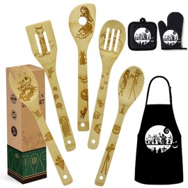 Christmas Nightmare Gift for Women Wooden Cooking Spoons Bamboo Kitchen Cooking Utensils Set with Apron Oven Mitt Potholder