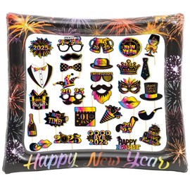 Happy New Year Photo Booth Props with Inflatable Photo Frame New Year Party Photo Booth Props 2025 New Years Eve Party Supplies, 30 Pcs Props+1 Frame