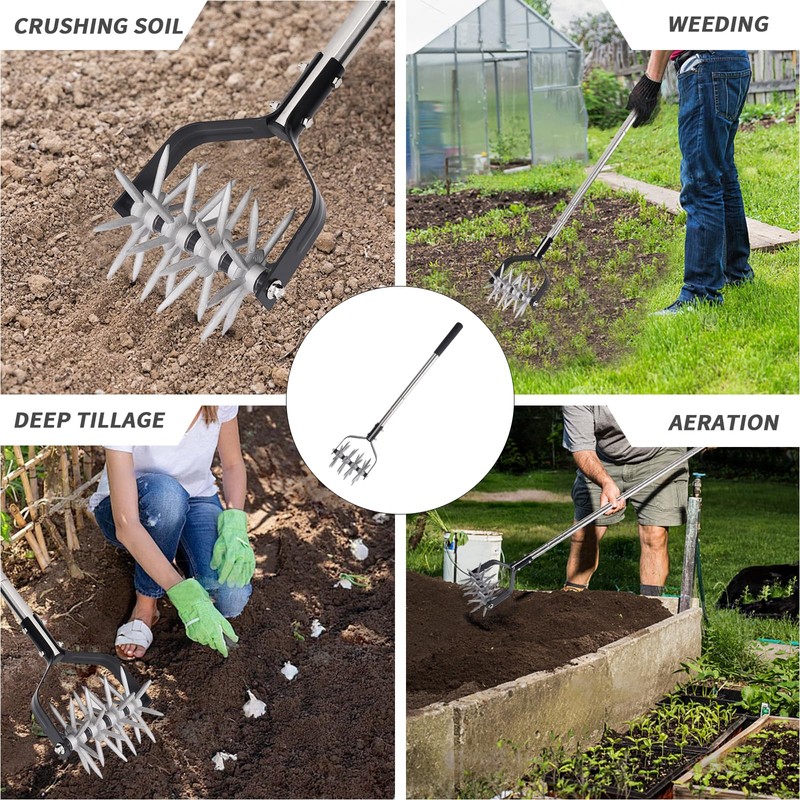 BARAYSTUS Rotary Cultivator Tool, Adjustable Garden Hand Tiller Cultivator, Long