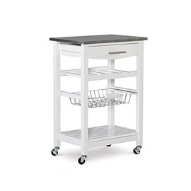 Linon Raven Wood Stainless Steel Top Rolling Kitchen Island Microwave Cart on Wheels with Wine Rack Pull Out Drawer and Basket for Storage in White