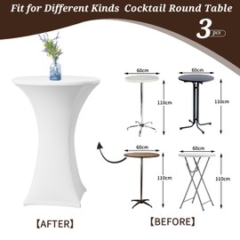 Set of 3 White Stretch Bar Table Covers for Bistro Table Diameter 60-65 cm Spandex Stretch Tablecloth, Reinforcement in the Foot Area for Wedding, Birthday Party, Banquet, Bar Tables and Bistro Tables