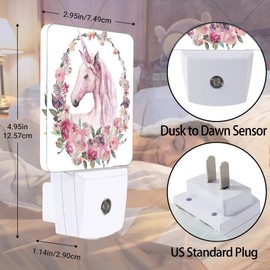 Jopowide Pink Unicorn Night Light, Floral Night Lights Plug into Wall Decor for Bedroom, Bathroom, Hallway, Kitchen, Dusk to Dawn Sensor Nightlights for Boys Girls Women Men Room Gifts