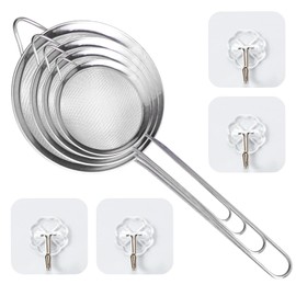 4-Piece Strainer Set with 4 Hooks, Stainless Steel Strainer, Kitchen Strainer, Flour Sieve, Pasta Strainer, Fine Mesh Sieve, Fine Mesh Kitchen Strainer for Sieving, Dripping, Rinsing