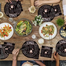 Hokinaa 1965 60th Birthday Tableware - 96 Pcs Black Rose Gold Vintage 60 Years Old Party Decorations Dinnerware, Back in 1965 Disposable Paper Plate Napkin Fork, Birthday Decor Supplies for Men Woman