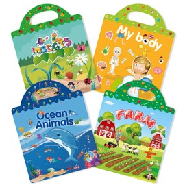 Reusable Sticker Book for Kids,4 Sets Travel Sticker Pads,Puffy Stickers for Toddlers,Creative Sticker Story Books for Boys Girls Age 3+ Birthday Gifts(Farm, Ocean Animals, Insects,Body)
