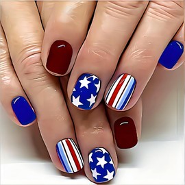 Rchovsam Independence Day Press on Nails Short Square Fake Nails USA Flag False Nails Glitter Stick on Nalis Colorful Pentagram Gel Nails Glossy Red Blue Press Ons for Womens 96pcs
